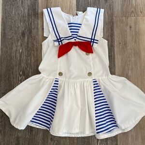 Vintage Girls White & Blue Sailor Dress with Red Bow